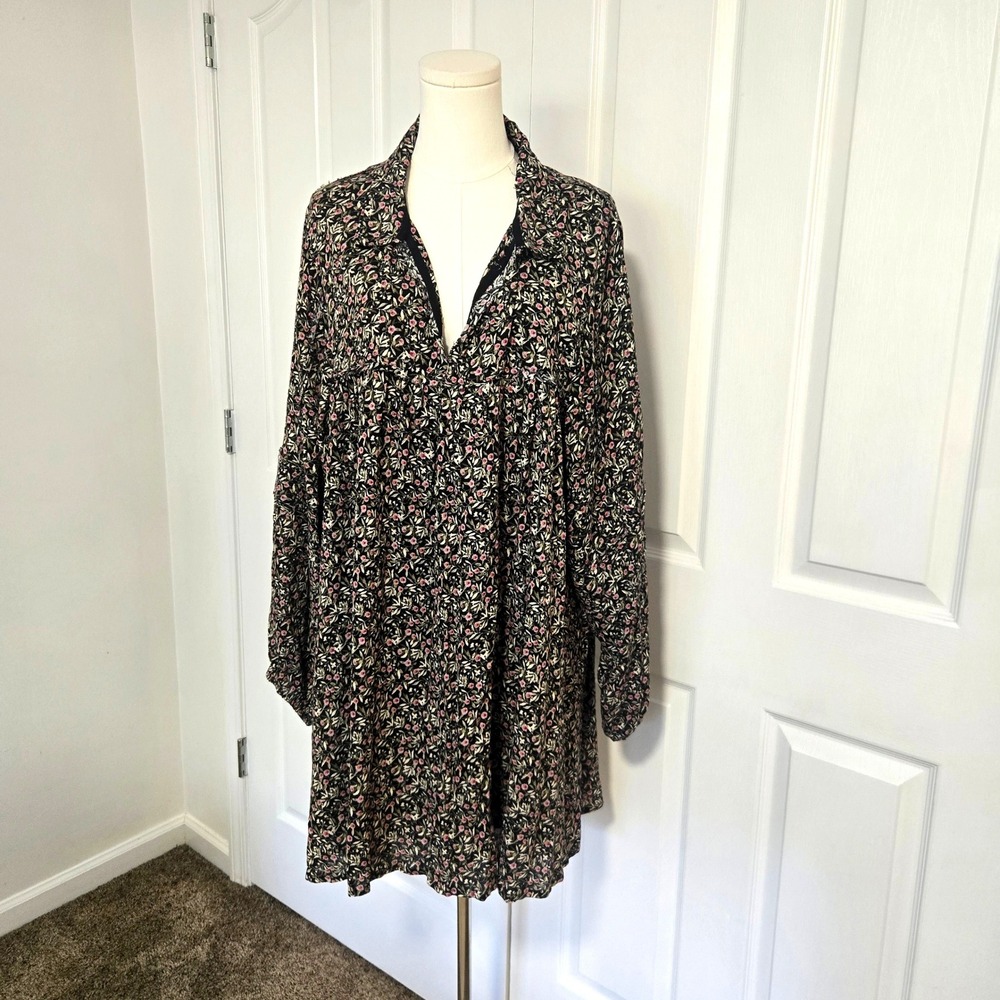 Meritt Babydoll Dress Womens XL Black Pink Ditsy Floral Rayon V-Neck MD96314